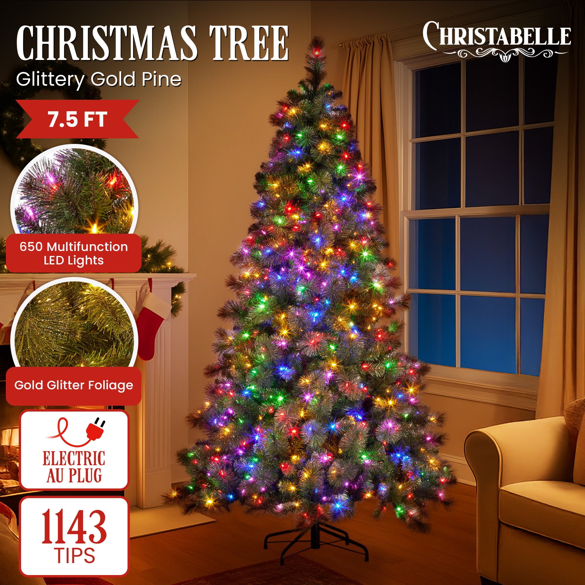 Christabelle 7.5FT Pre-Lit Glitter Gold Christmas Tree LED Lights