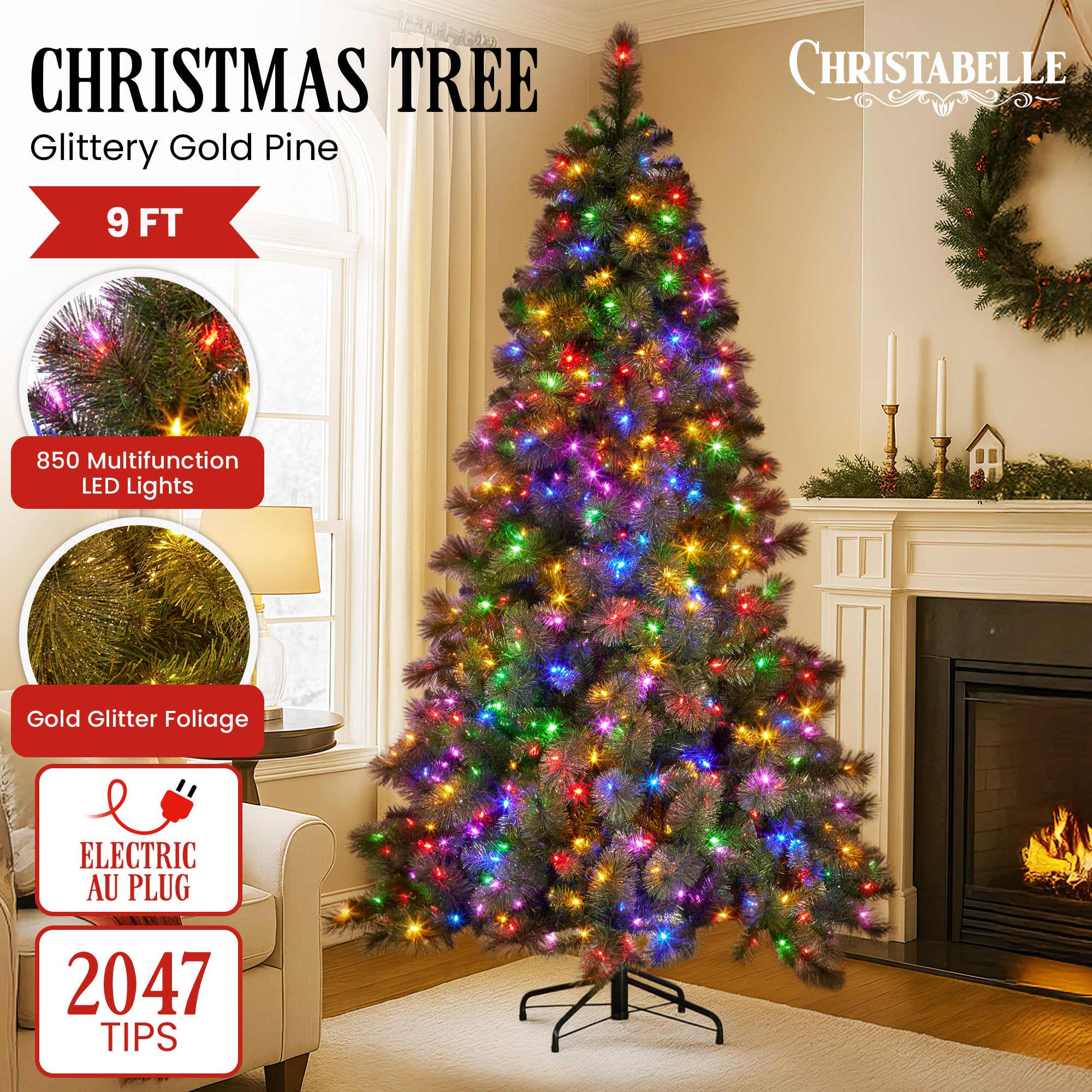 Christabelle 9ft Glittery Gold Christmas Tree with 850 LED Lights