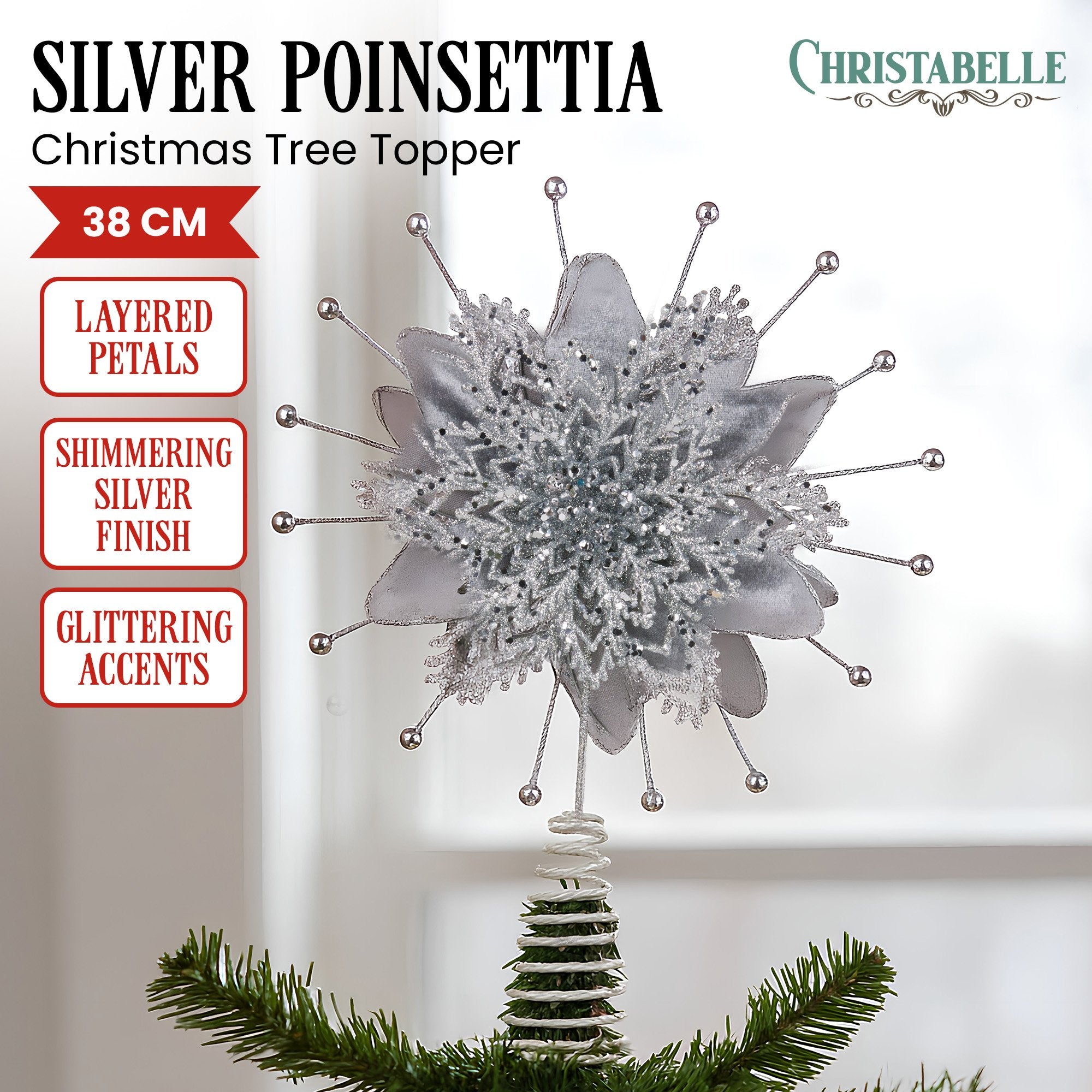 Silver Poinsettia Christmas Tree Topper Décor