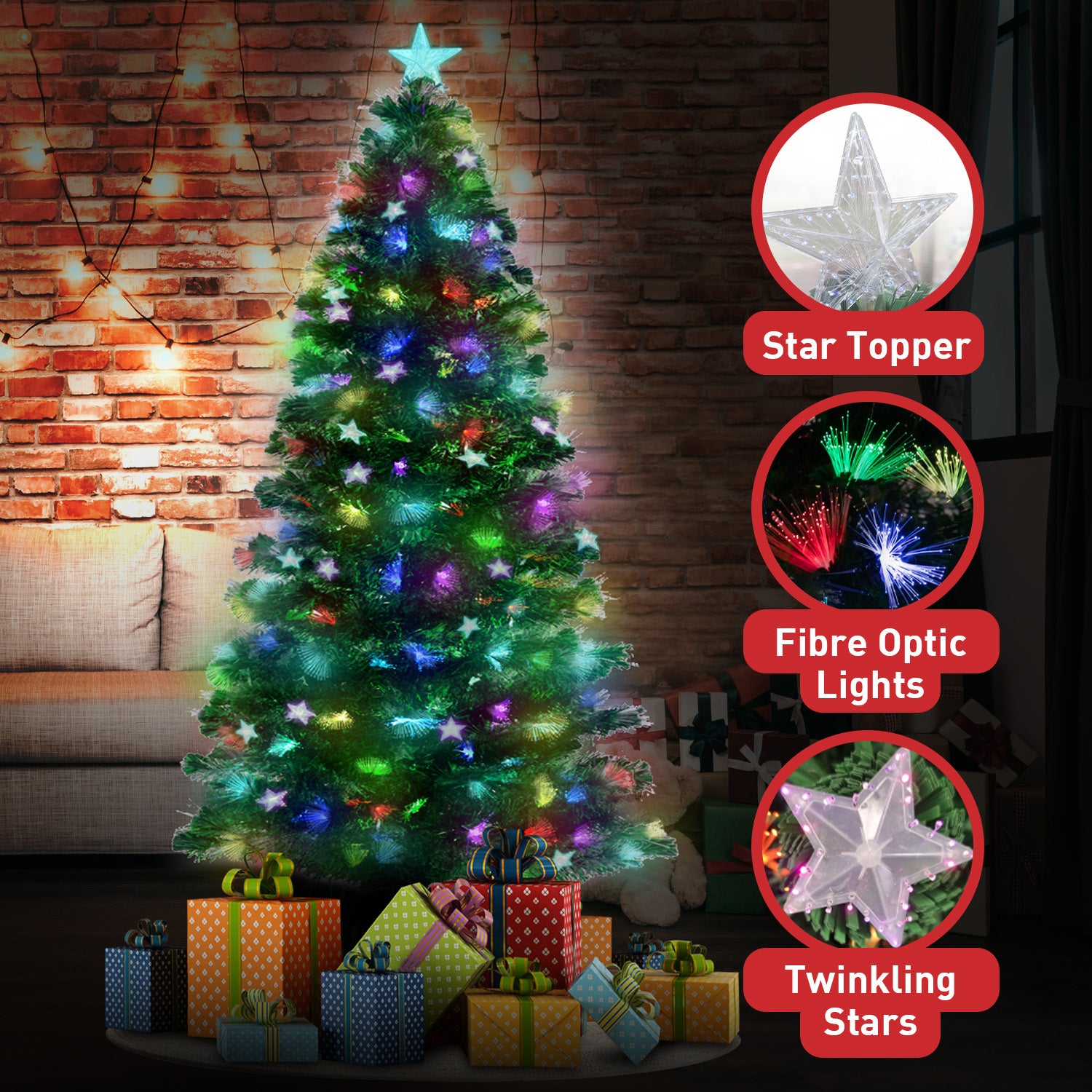 1.8m Enchanted Pre Lit Fibre Optic Christmas Tree Stars