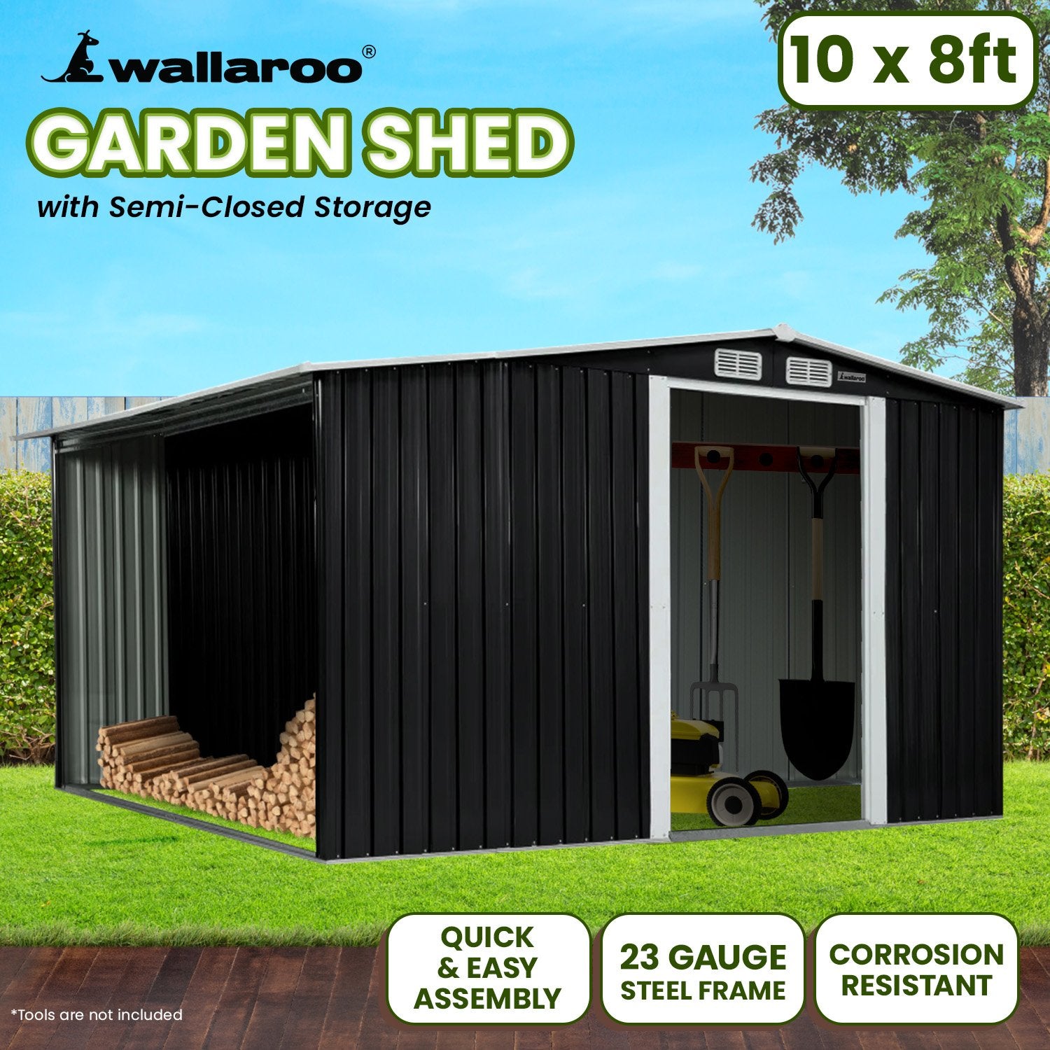 Wallaroo 10x8ft Garden Shed – Semi-Closed Storage, Black