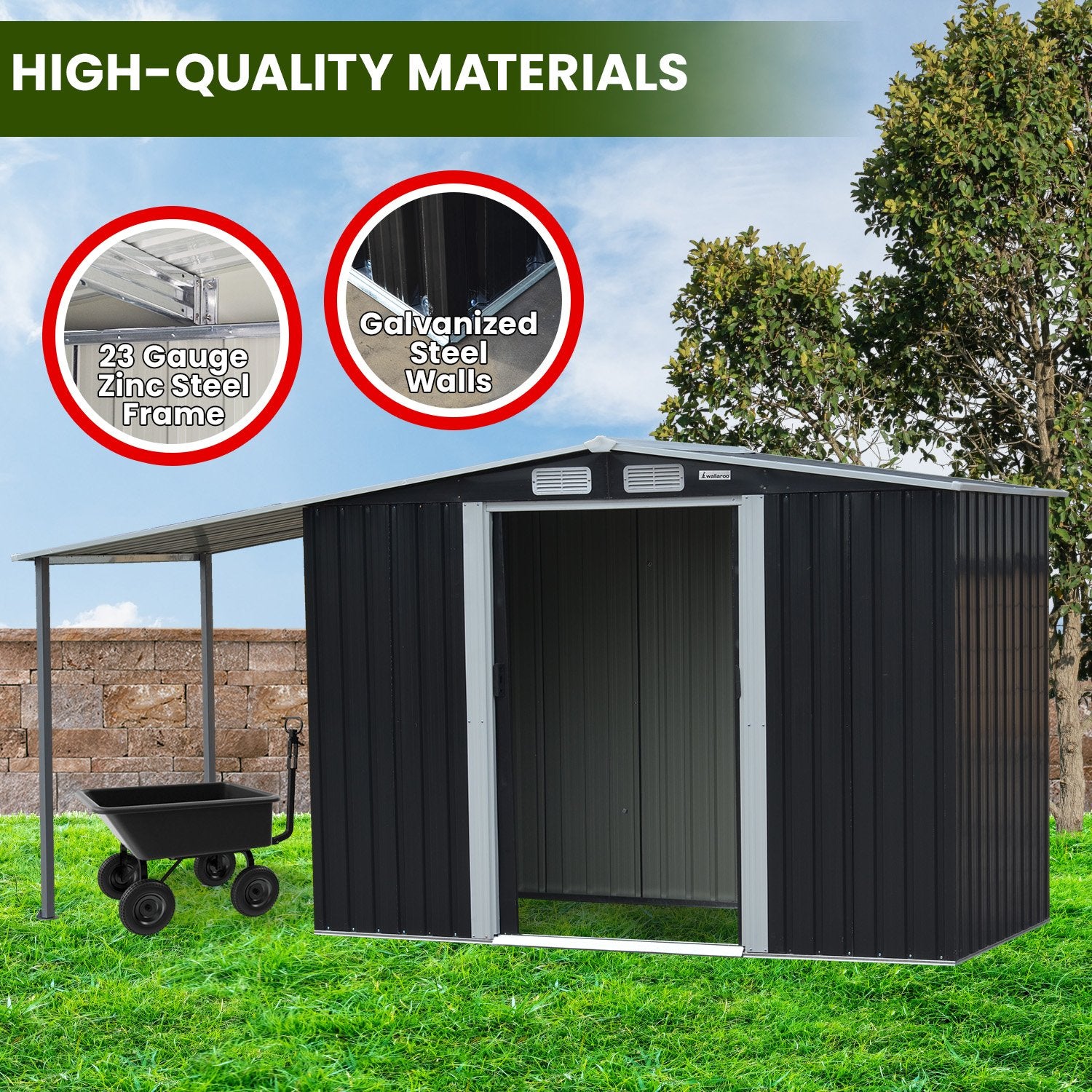 Wallaroo 4x8ft Zinc Steel Garden Shed – Open Storage, Black