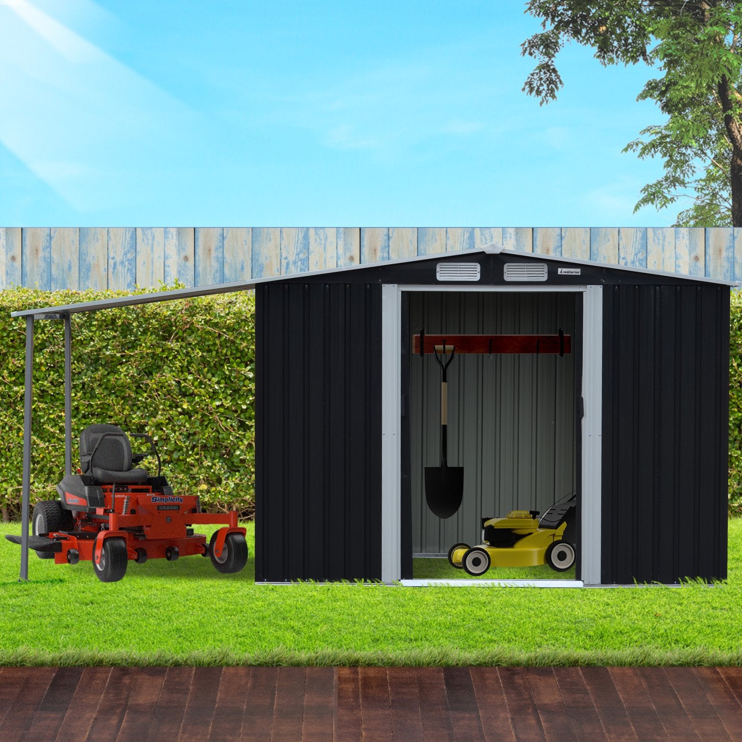 Wallaroo 4x8ft Zinc Steel Garden Shed – Open Storage, Black