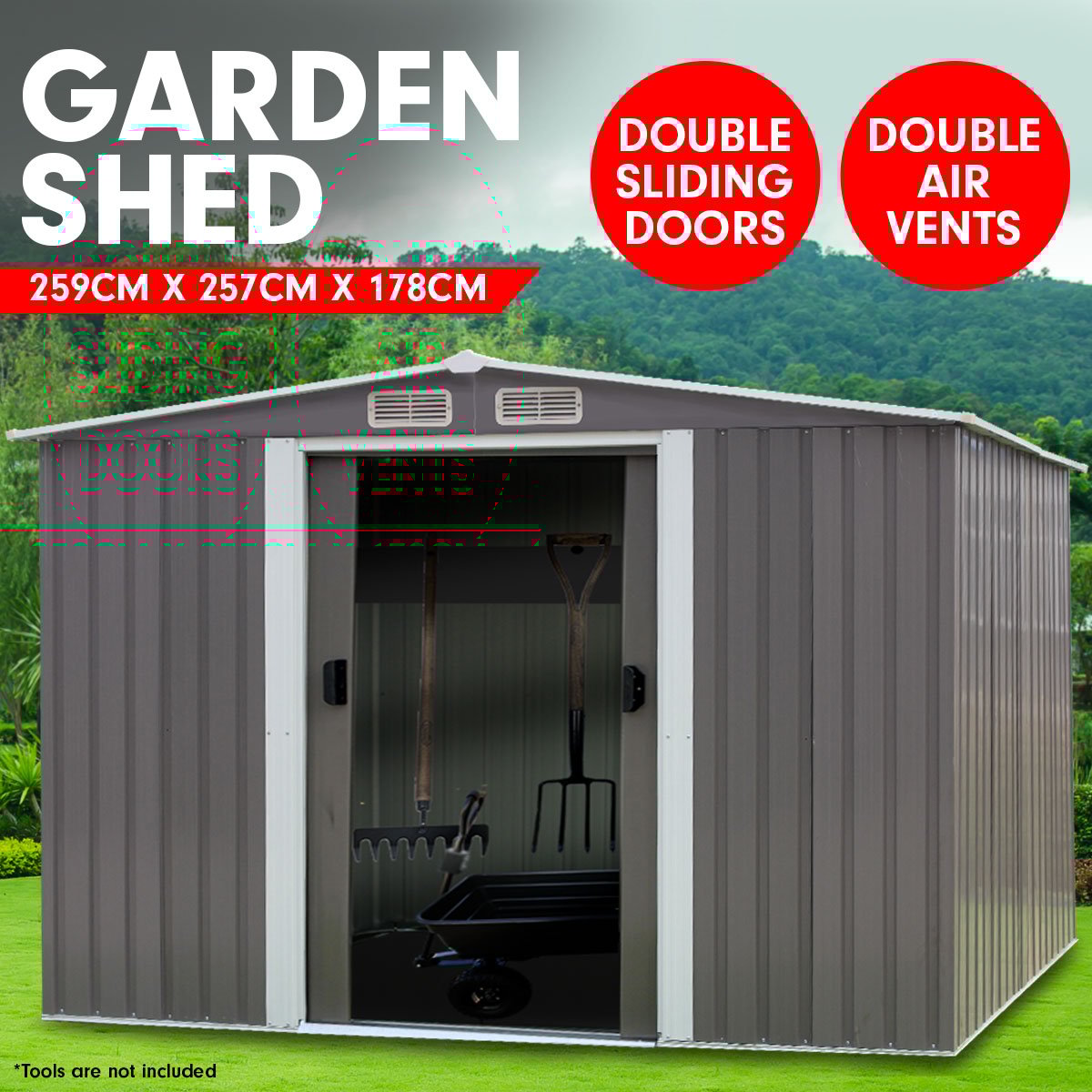 Wallaroo 8x8ft Spire Roof Garden Shed – Outdoor Storage Shelter, Grey