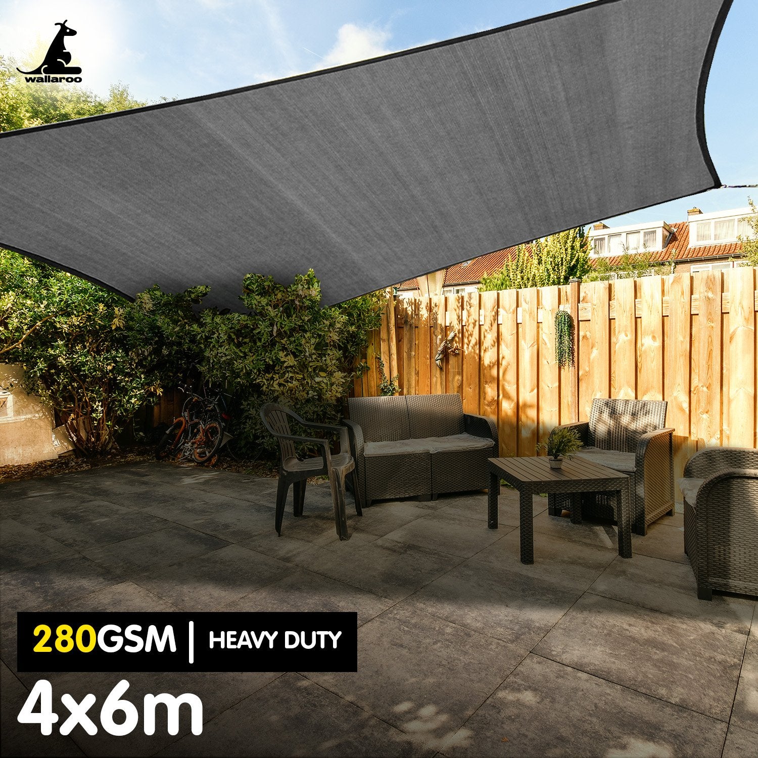 Wallaroo 280gsm Rectangle Shade Sail Canopy 4×6m – Grey