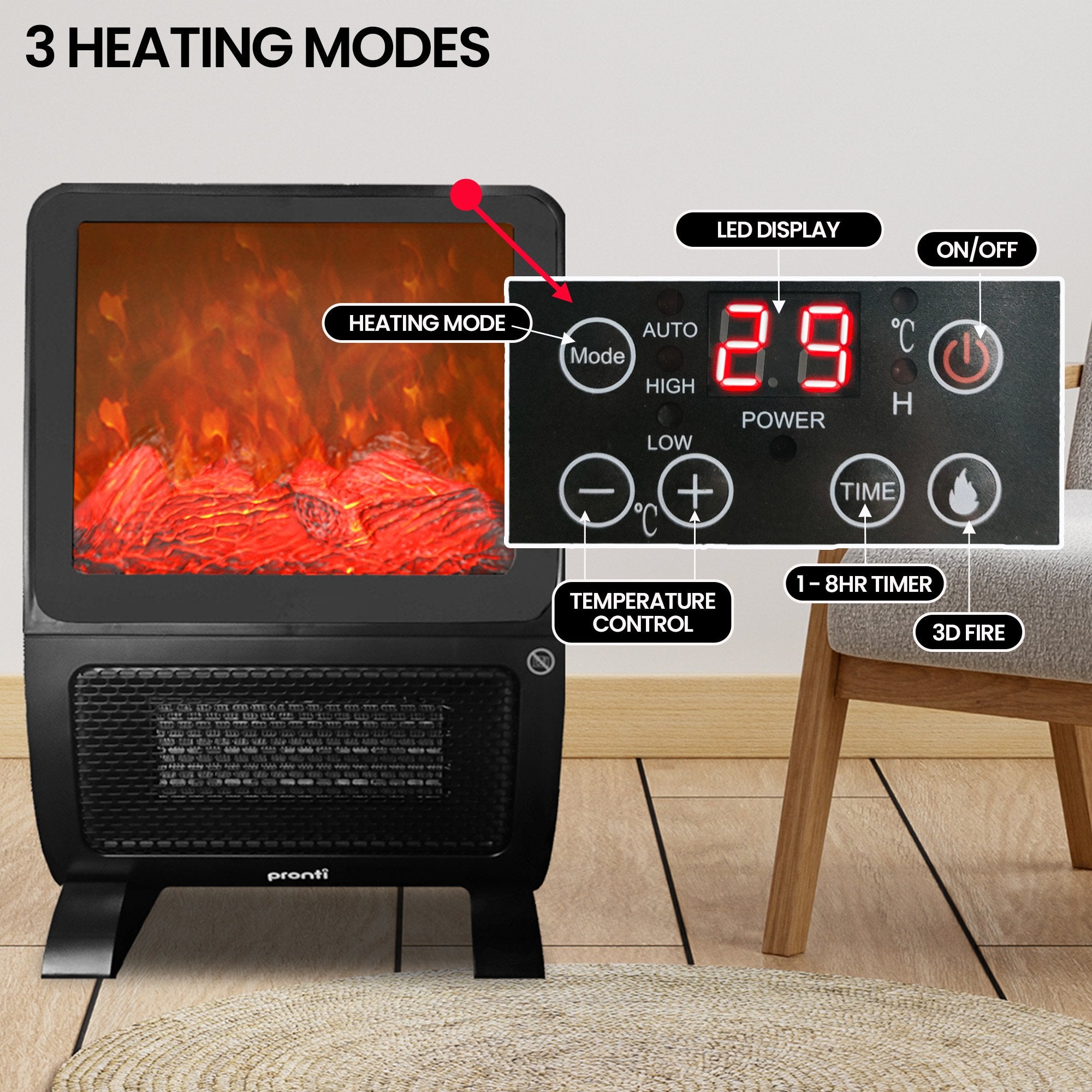Pronti 2000W 3D Fire PTC Electric Room Heater