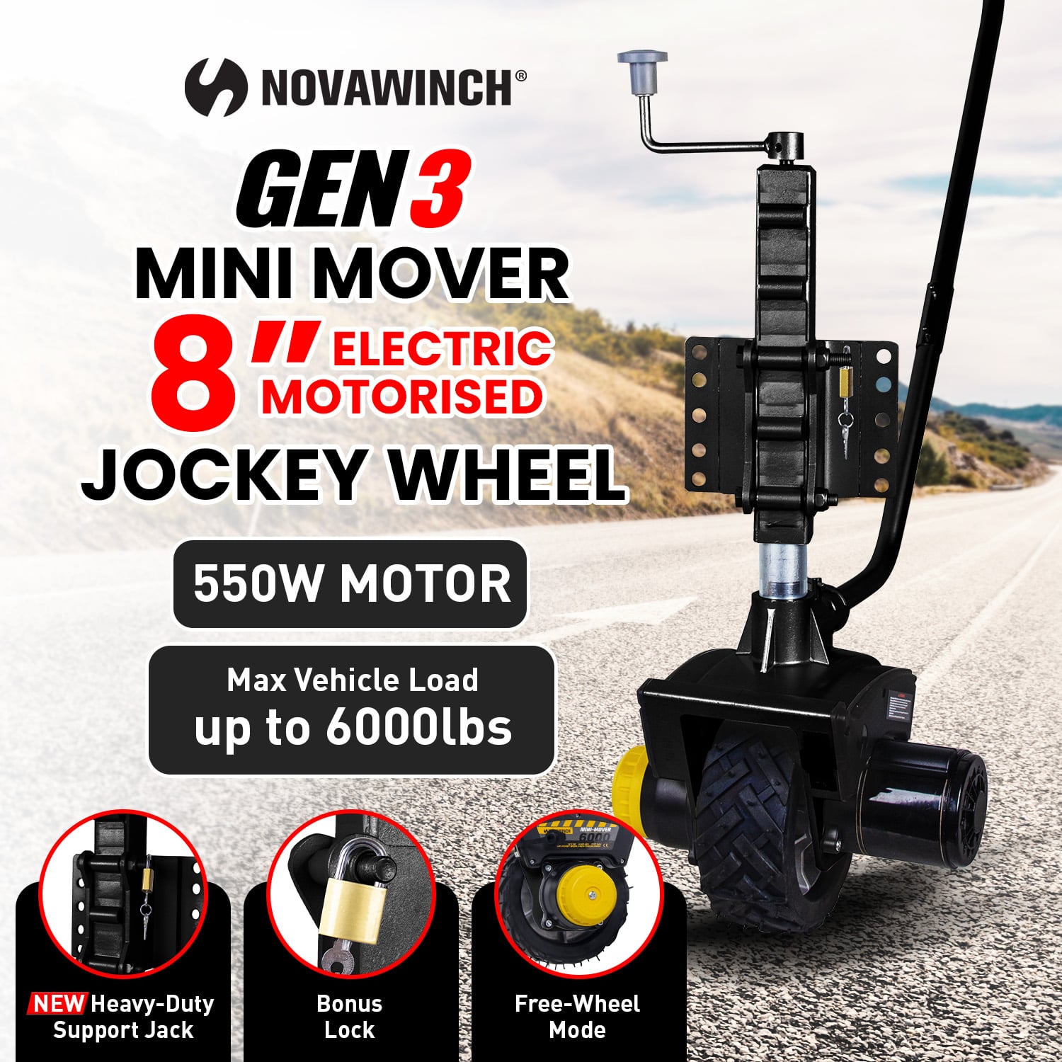 Mini Mover Gen3 12V 550W Motorised Jockey Wheel β Black