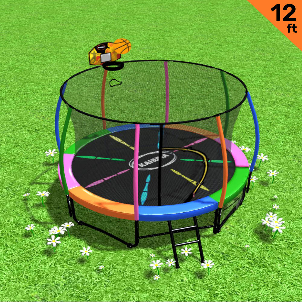 Kahuna 12ft Rainbow Trampoline with Safety Enclosure, Ladder & Hoop