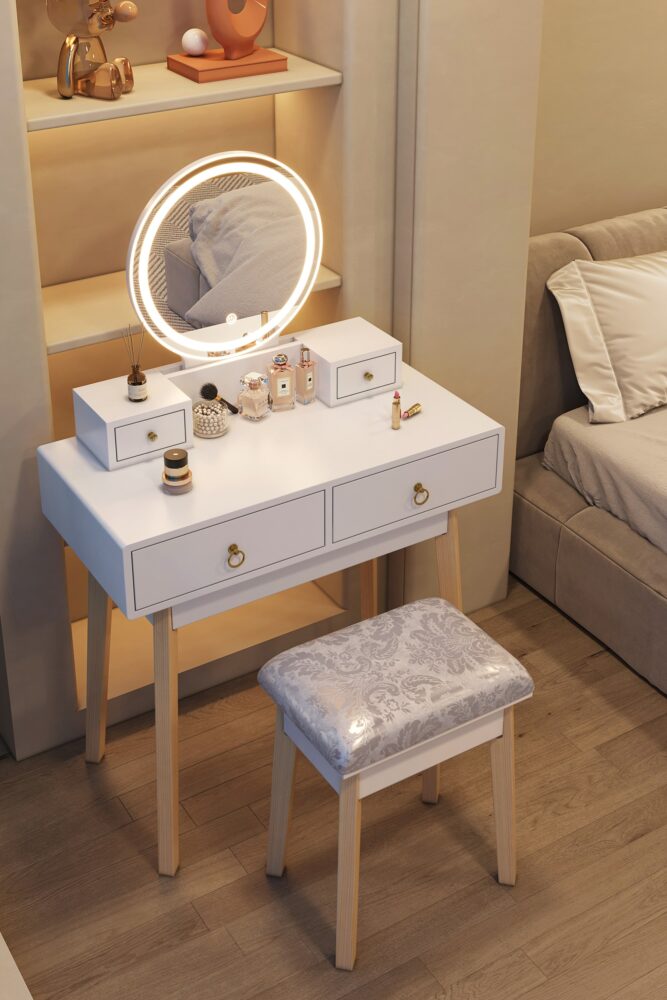 White Vanity Table Set with Stool & LED Mirror