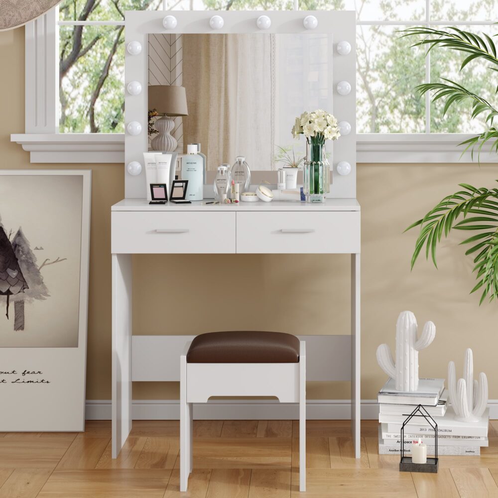 Fidel White Vanity Set with Lighted Mirror & Stool