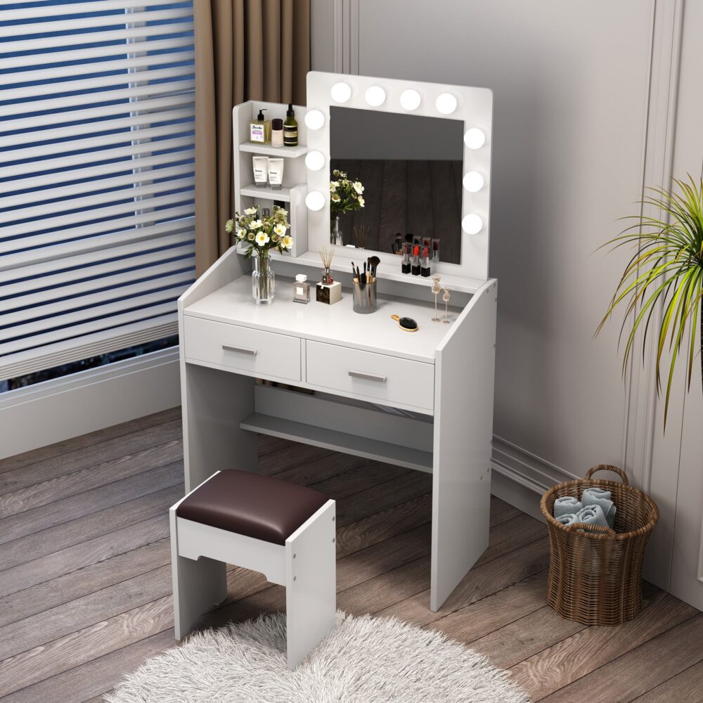 Dylan White Dressing Table with Stool & LED Bulbs