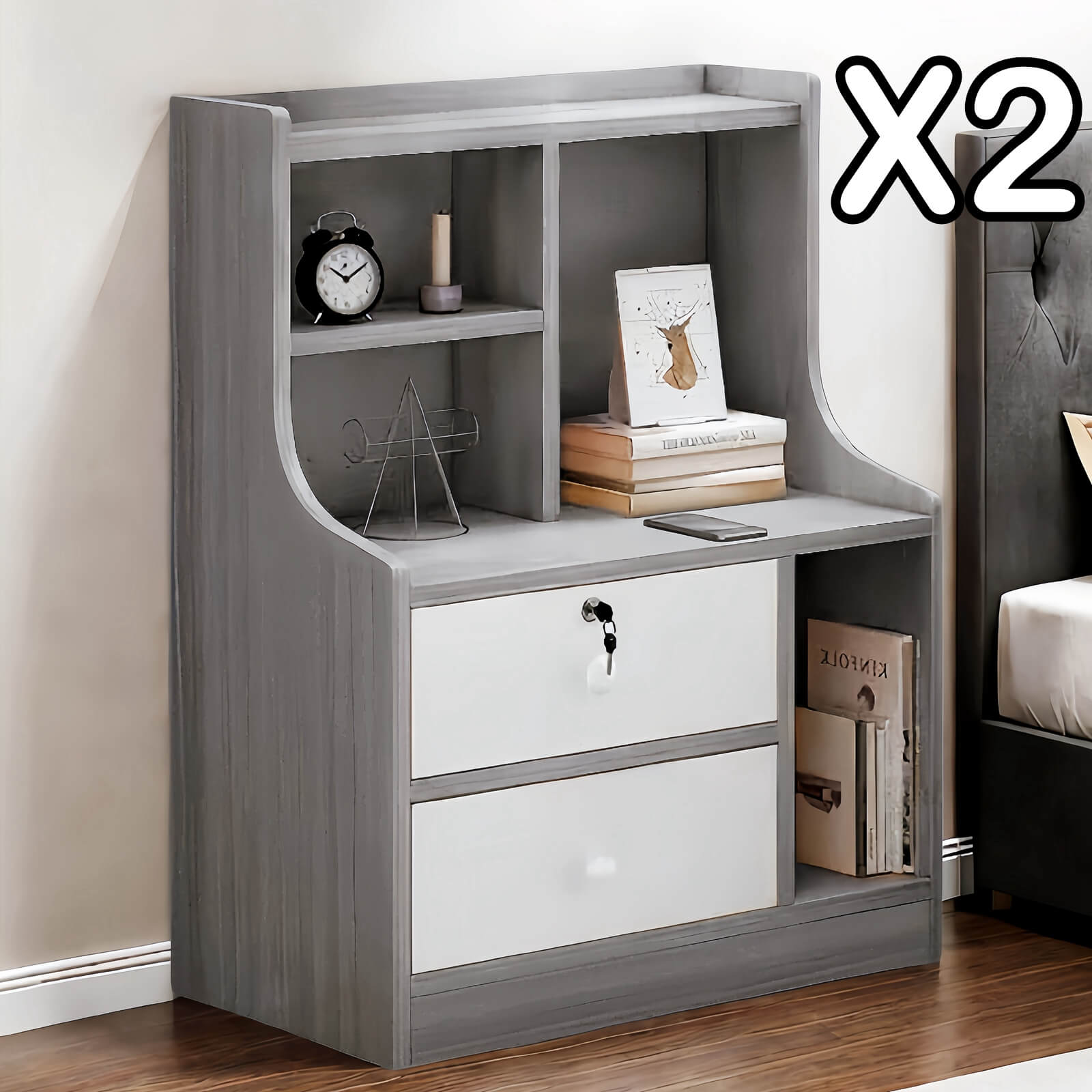 2 Bedside Tables with Lockable Drawer