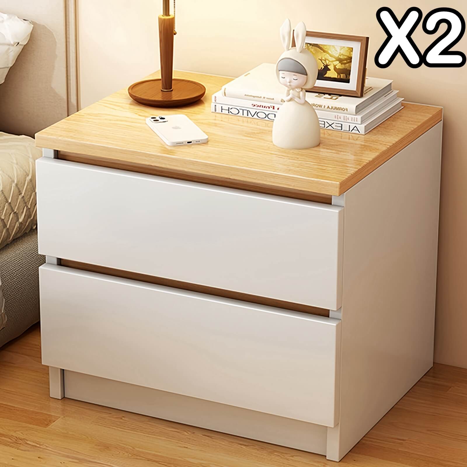 Set of 2 Bedside Tables with Oak Wood Grain Drawers