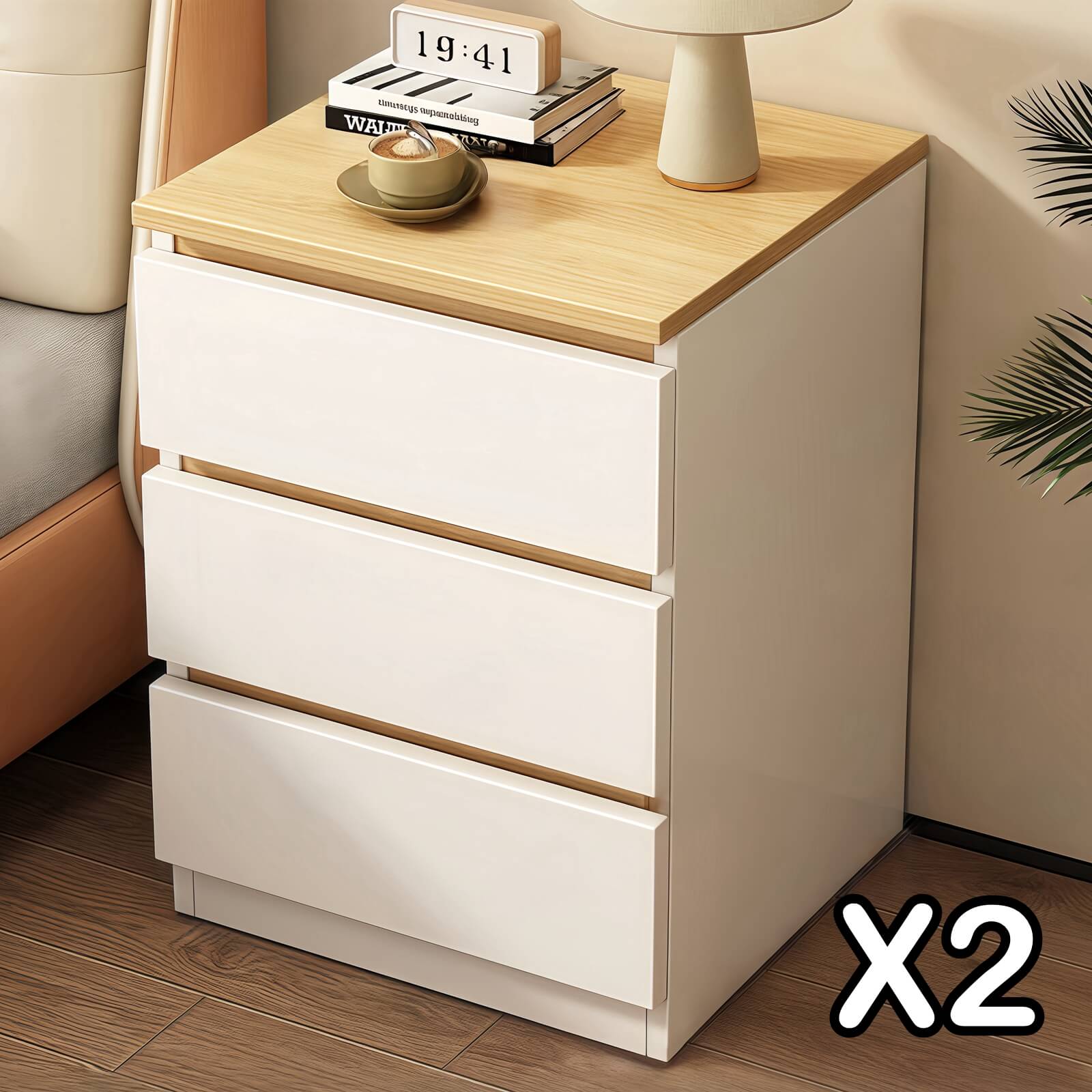 Set of 2 Bedside Tables – White & Oak, 3 Drawers