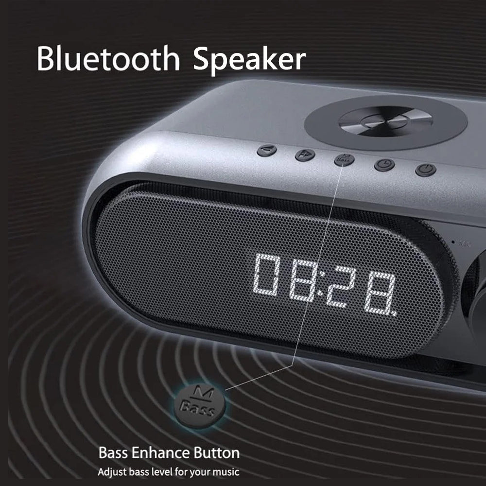 Bluetooth Speaker with 15W Wireless Charger & FM Alarm Clock (Grey)