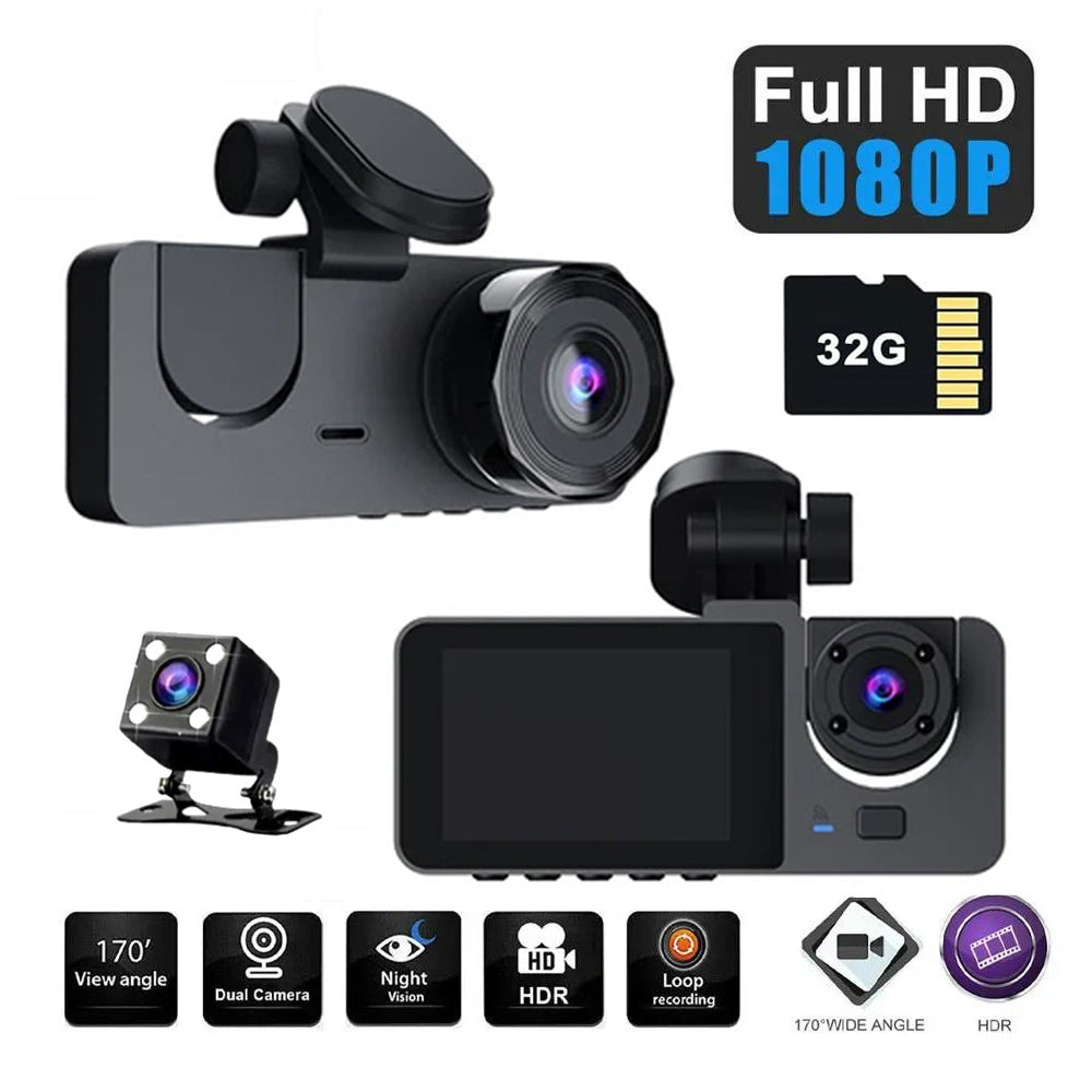 3-Channel Car DVR Dash Cam 1080P HD + 32GB Card