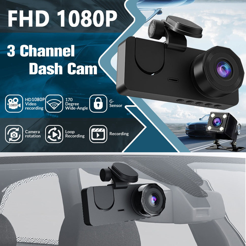 3-Channel Car DVR Dash Cam 1080P HD + 32GB Card