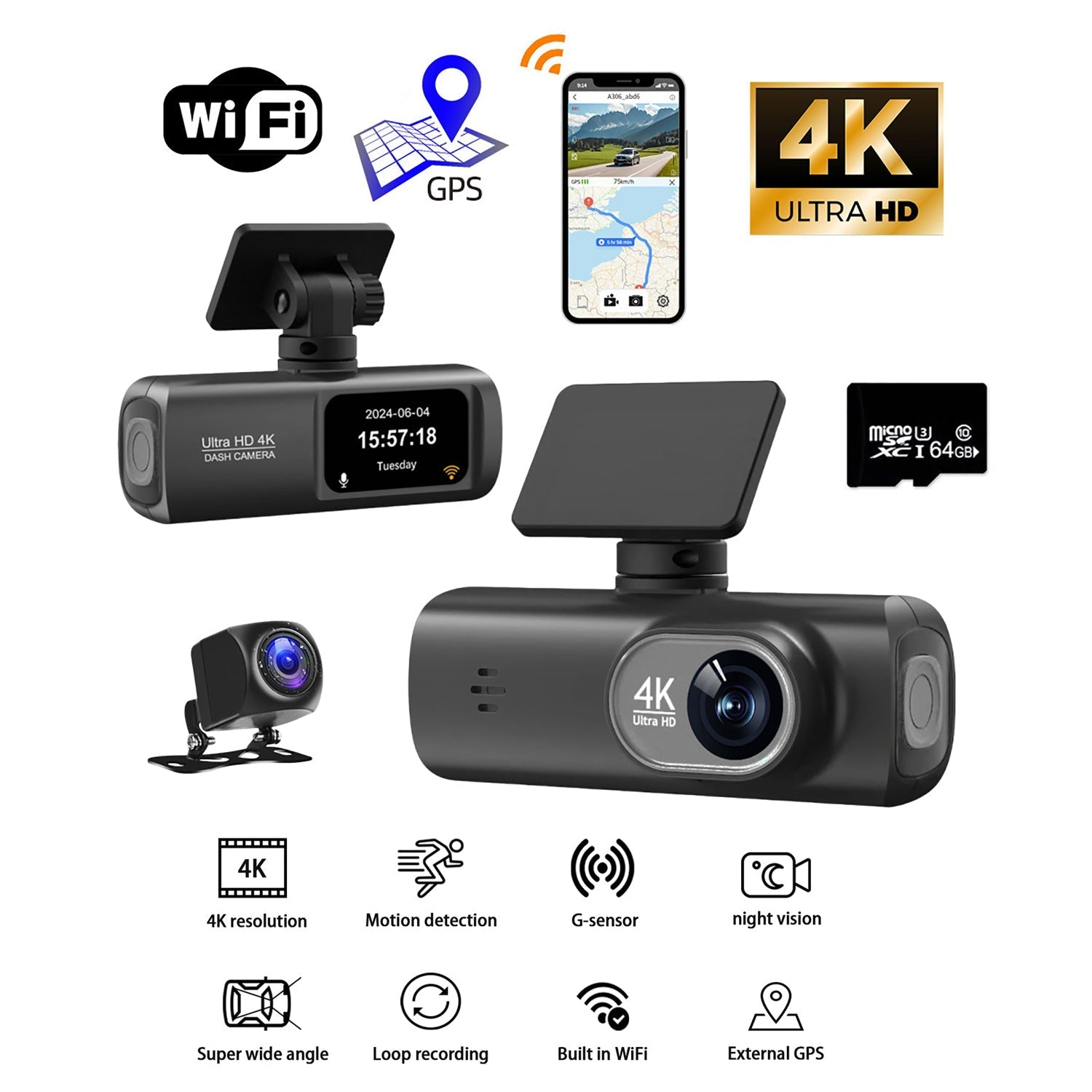4K Dual Dash Cam Front & Rear Wi-Fi GPS + 64GB Card