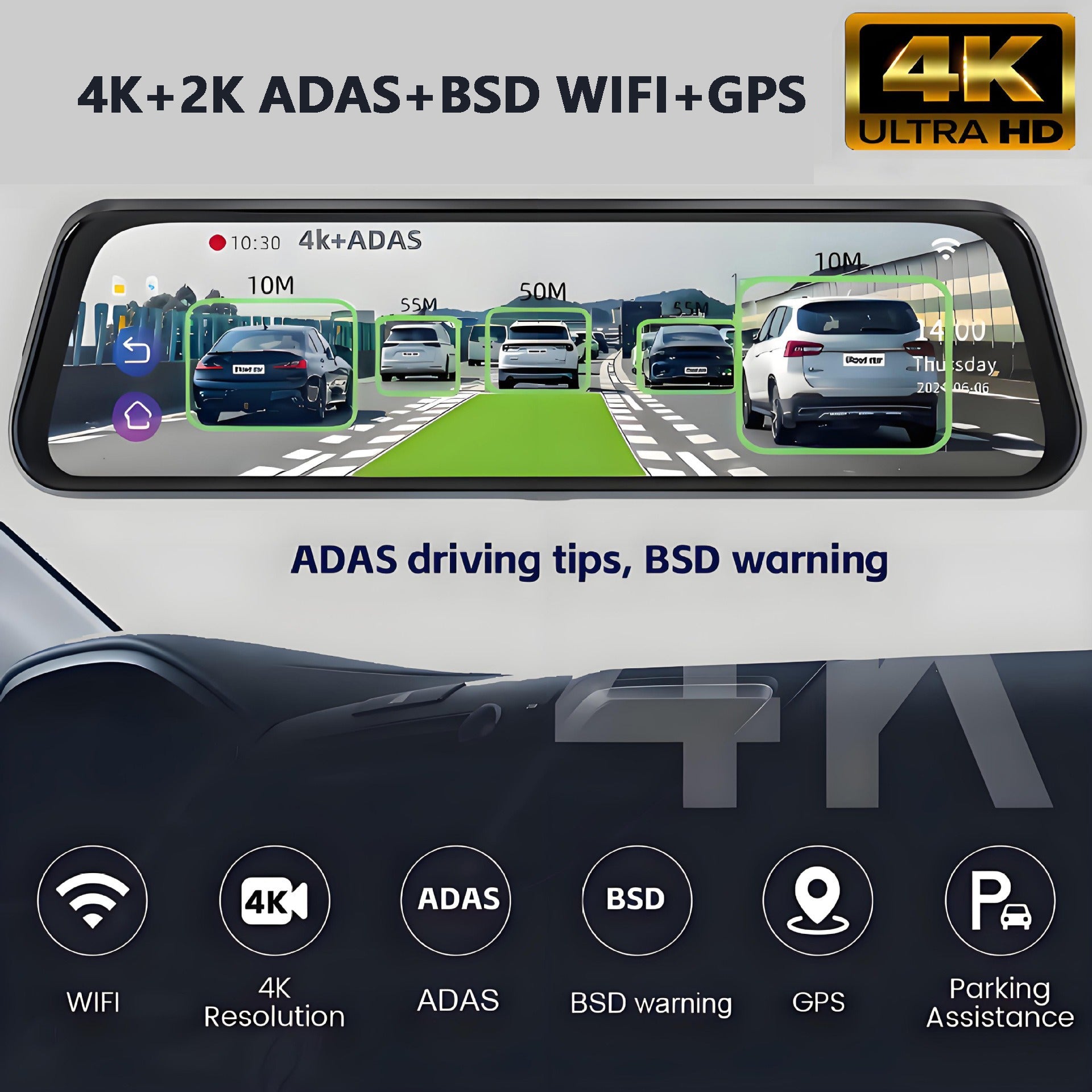 10" 4K Mirror Dash Cam with 2K Rear Camera β Wi-Fi, GPS, ADAS, BSD & Stream Media (64GB Included)