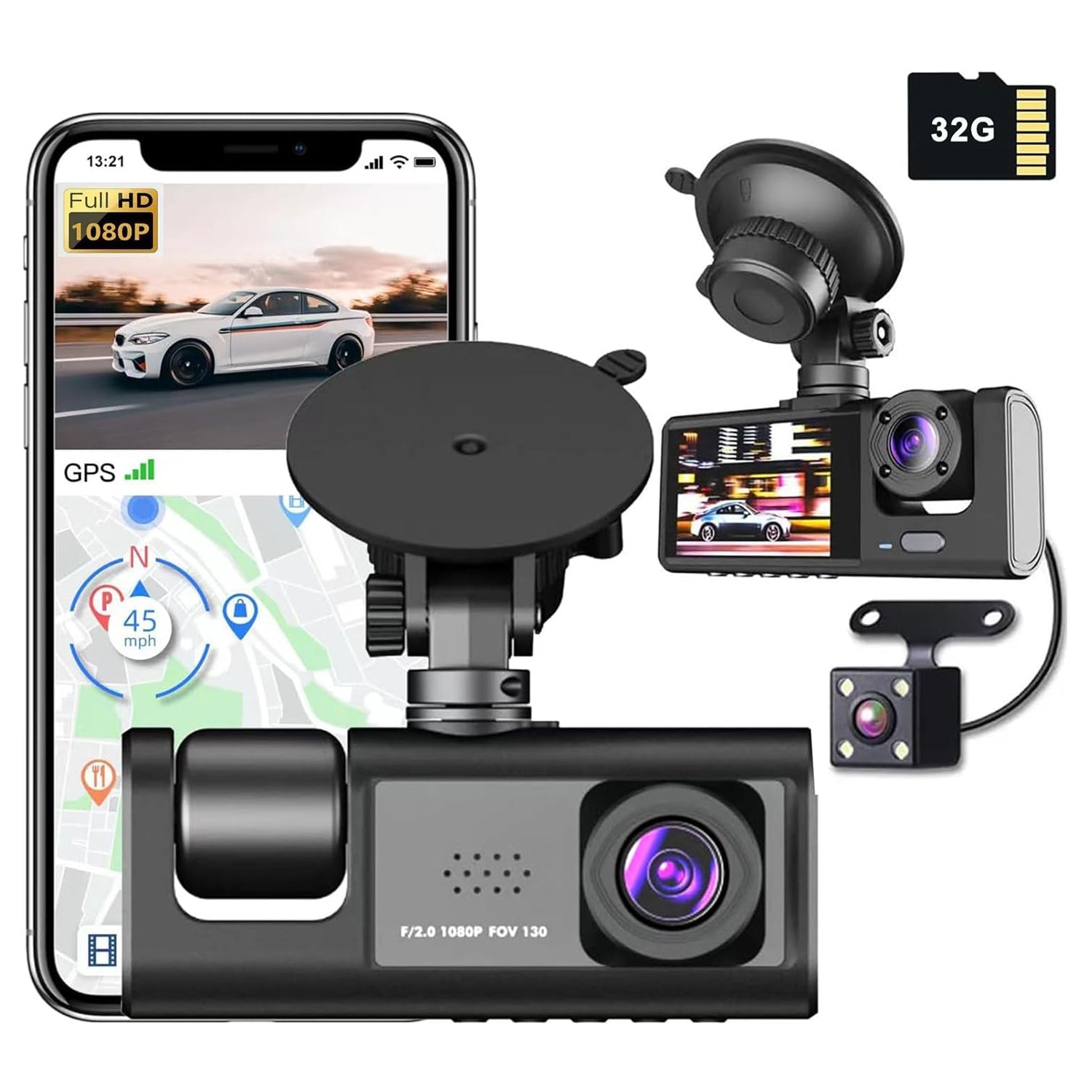 Wi-Fi 3-Channel Dash Cam 1080P Full HD + 32GB Card