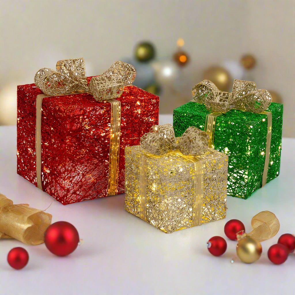 LED Glitter Gift Boxes 3-Piece β Gold Bow Twinkle