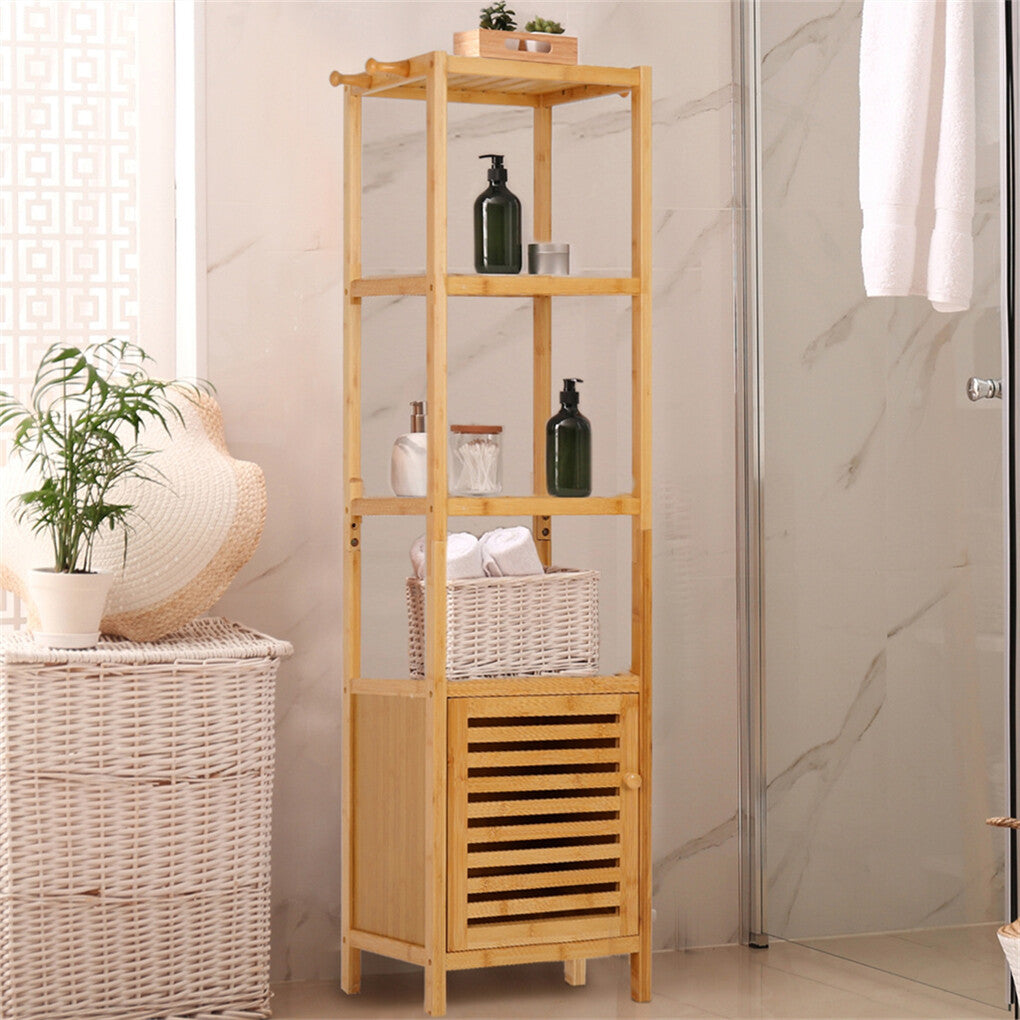 Bamboo Storage Cabinet with Shelf & Hook – Bathroom Floor Cupboard