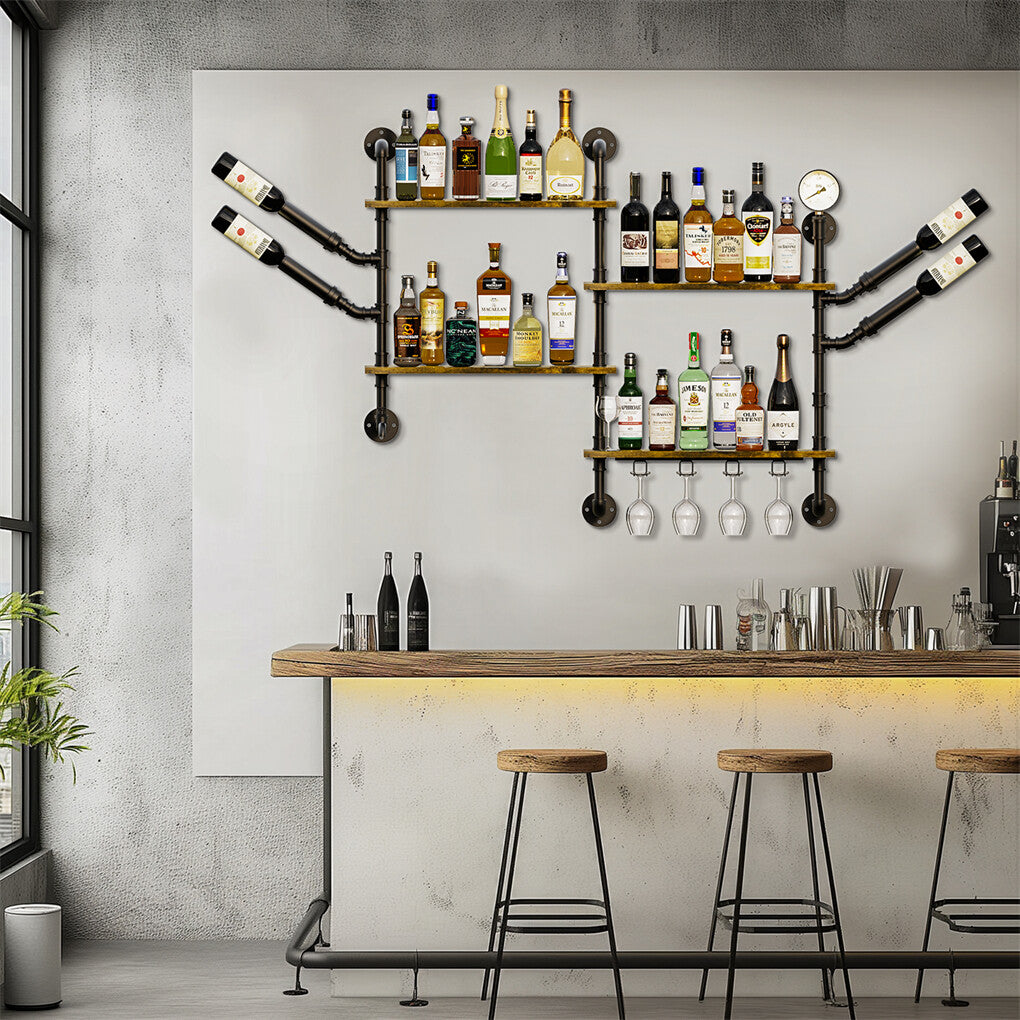 Industrial Pipe Wall Bar Shelf – Floating Liquor & Wine Glass Rack