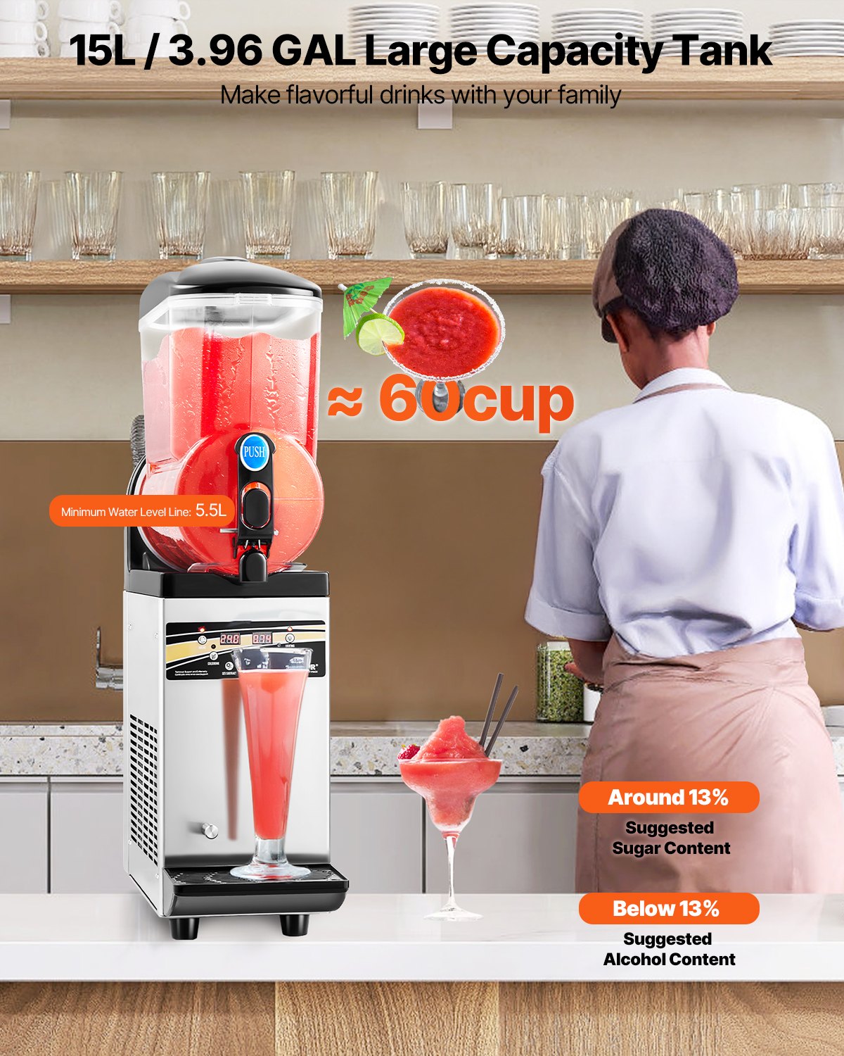 VEVOR Commercial Slushy Machine 15L Margarita Smoothie Frozen Drink Maker