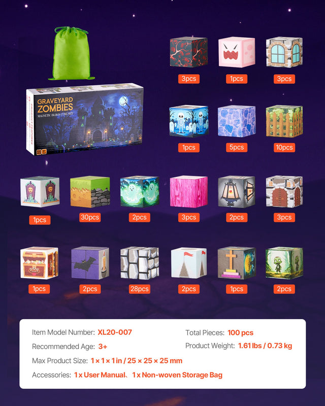 100PCS Magnetic Blocks Cemetery Zombies Set