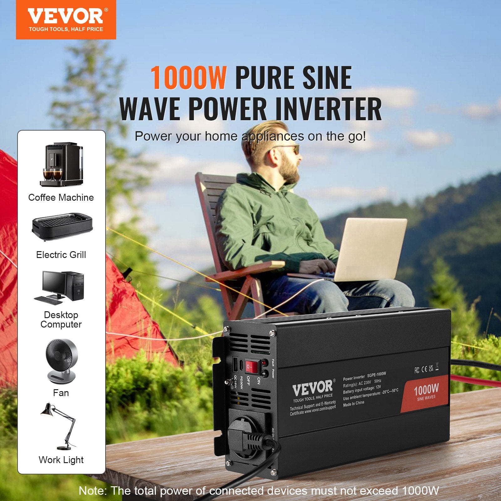 VEVOR 1000W Pure Sine Wave Inverter with USB-C & Remote Control