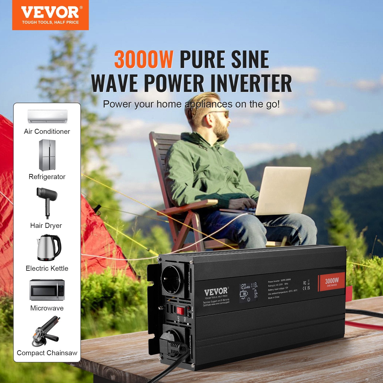 VEVOR 3000W Pure Sine Wave Power Inverter β LCD & Remote
