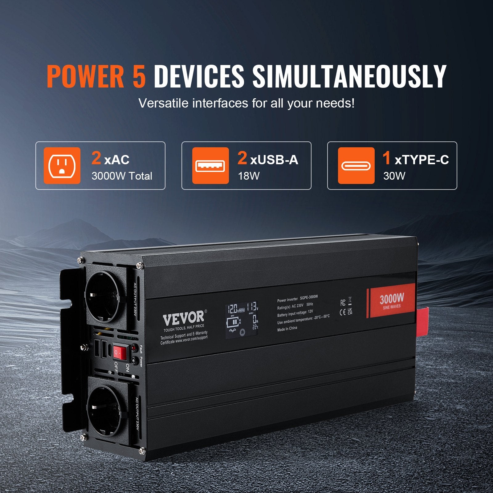 VEVOR 3000W Pure Sine Wave Power Inverter β LCD & Remote