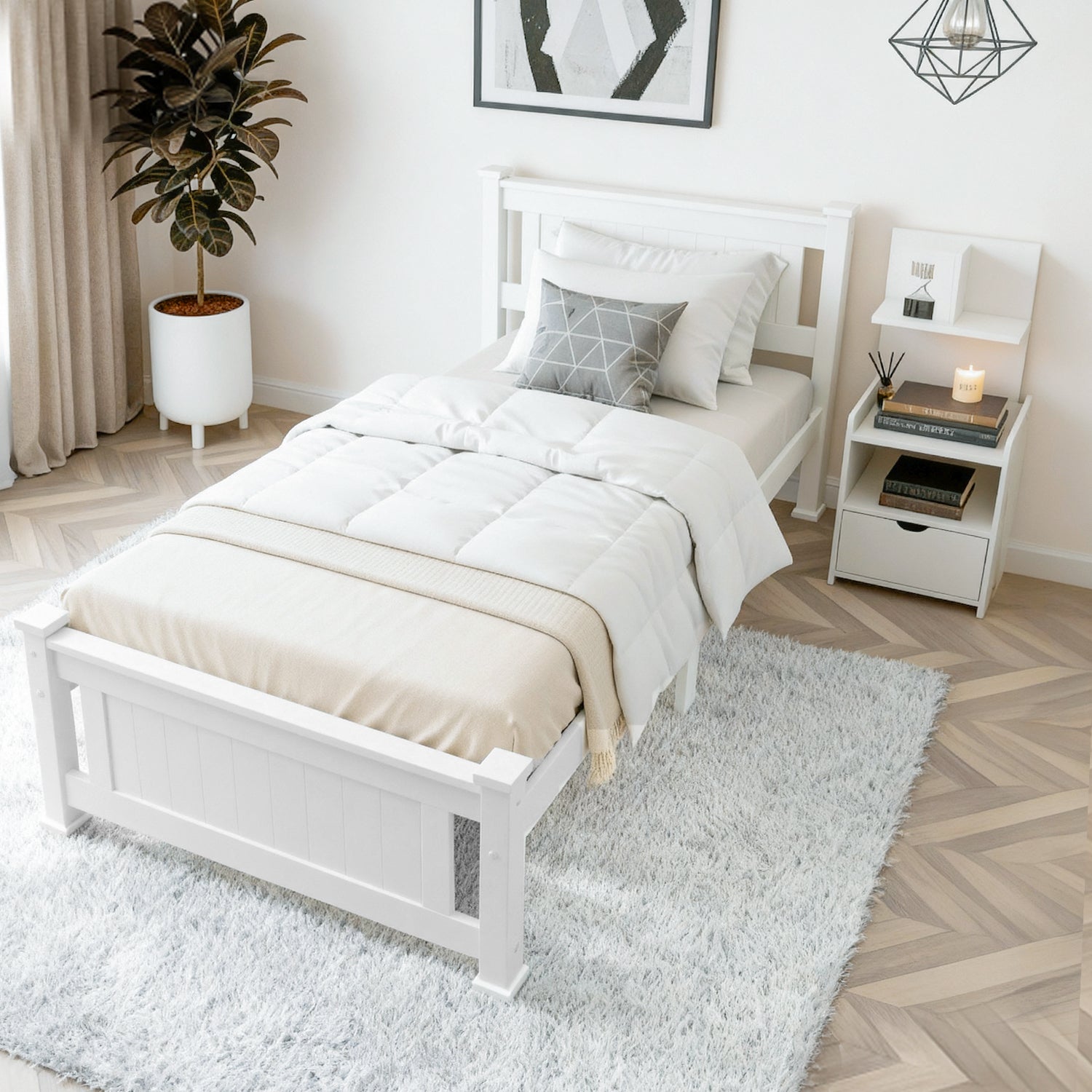 King Single Bed Frame and Bedside Table White