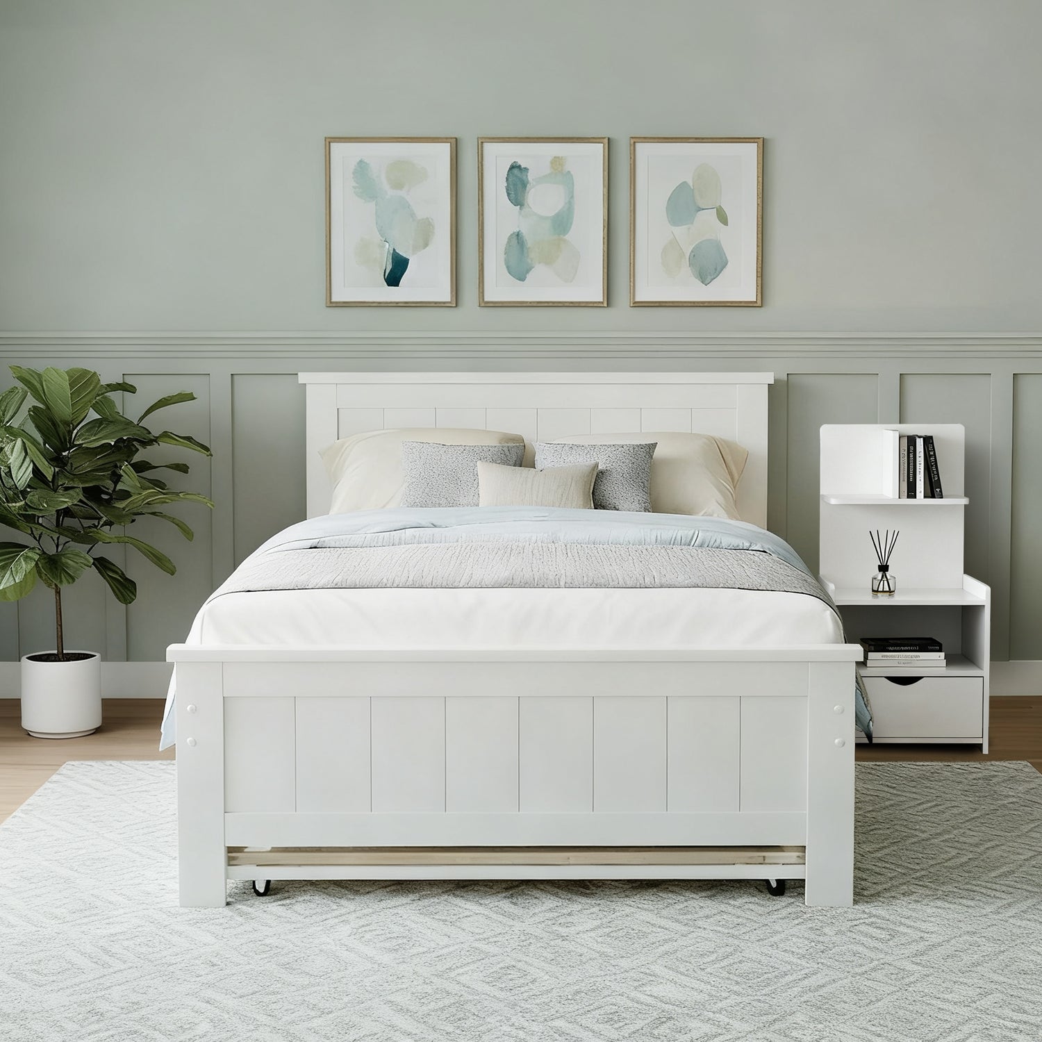 White King Single Trundle Bed Frame with Bedside Table