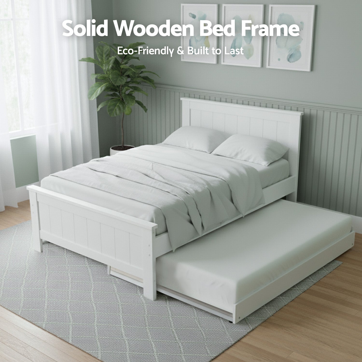 White King Single Trundle Bed Frame with Bedside Table