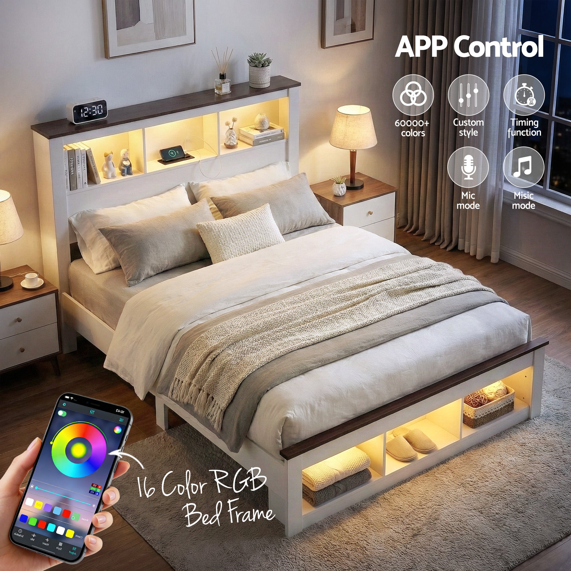 Artiss Double Bed Frame w/ Storage Bookcase Headboard & LED β White