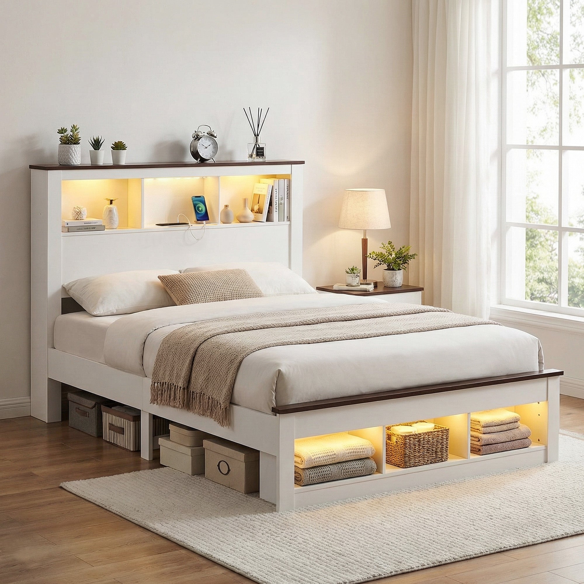 Artiss Queen Bed Frame w/ Storage Bookcase Headboard & LED β White