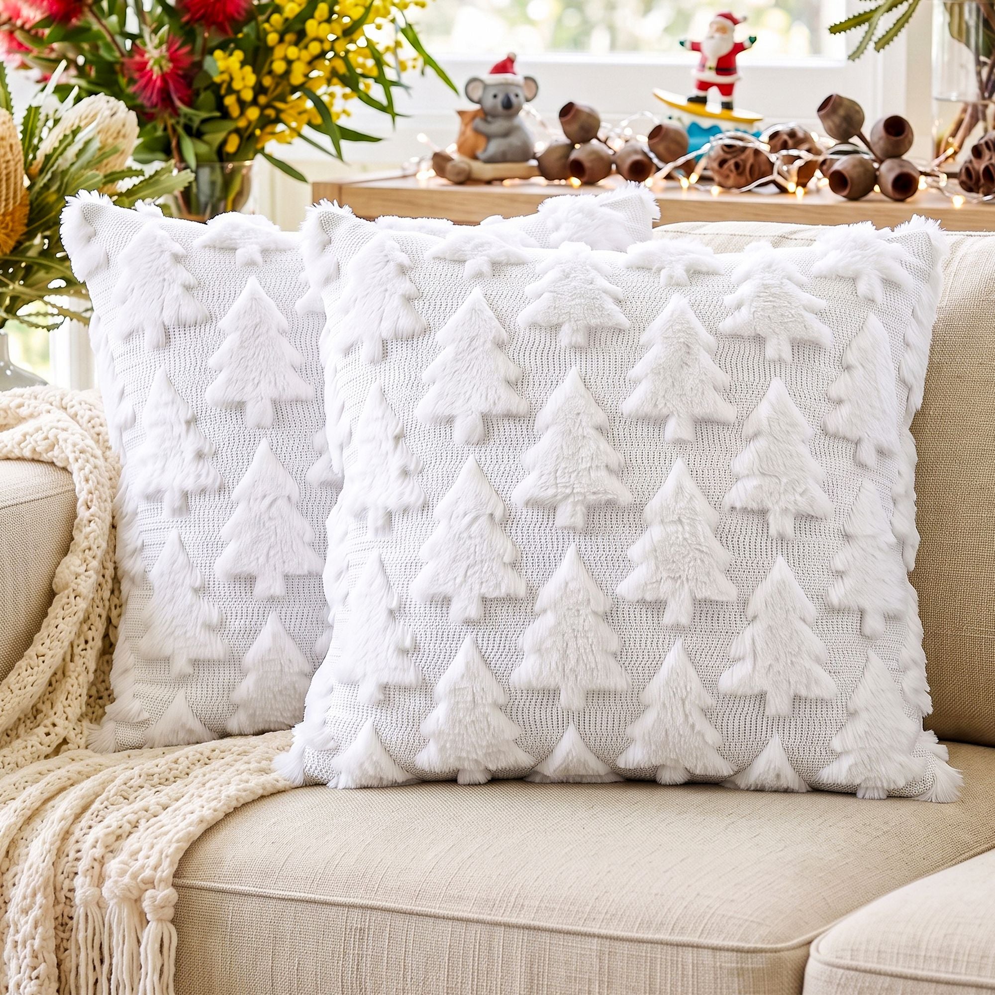 Jingle Jollys Christmas Tree Faux Fur Cushion Covers 2 Pack White 45cm