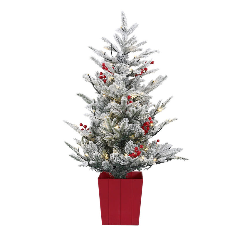 Christmas Tree 1M LED Potted Red Berries Flocked