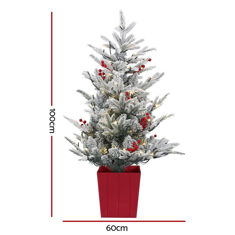 Christmas Tree 1M LED Potted Red Berries Flocked