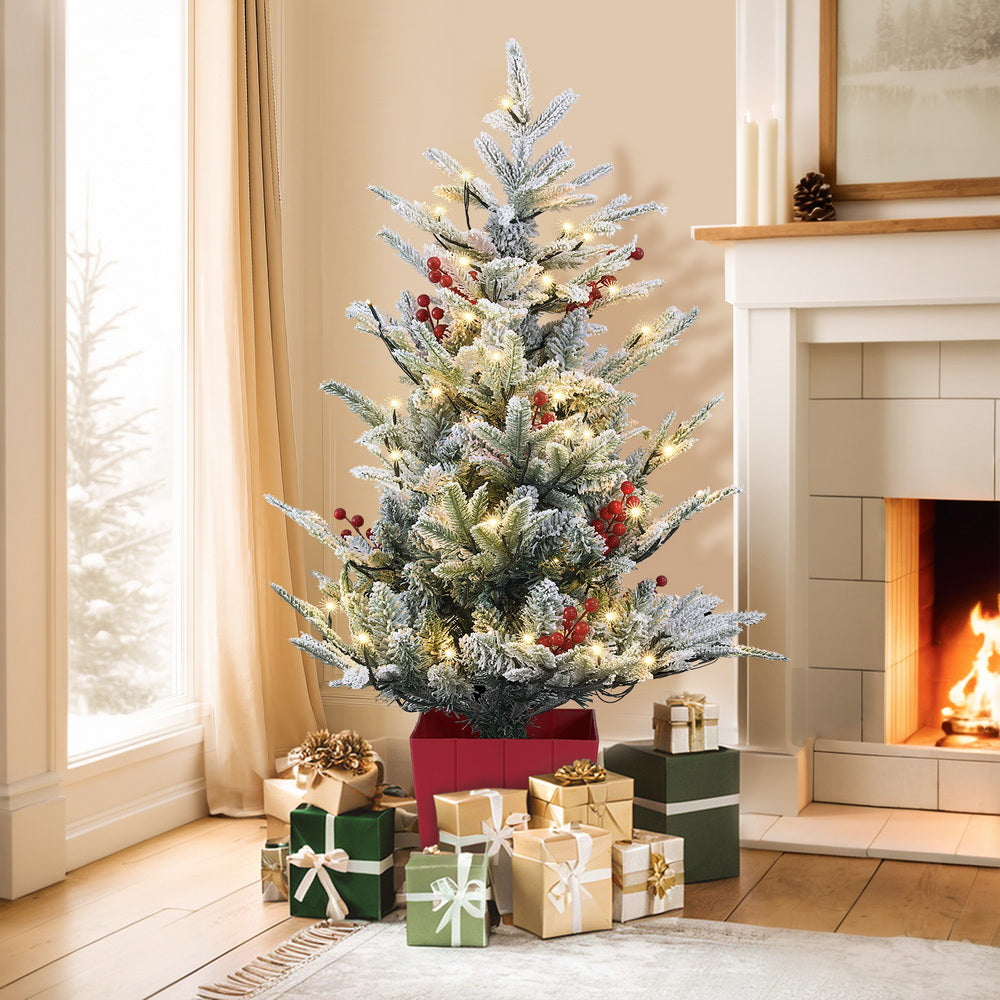 Christmas Tree 1M LED Potted Red Berries Flocked