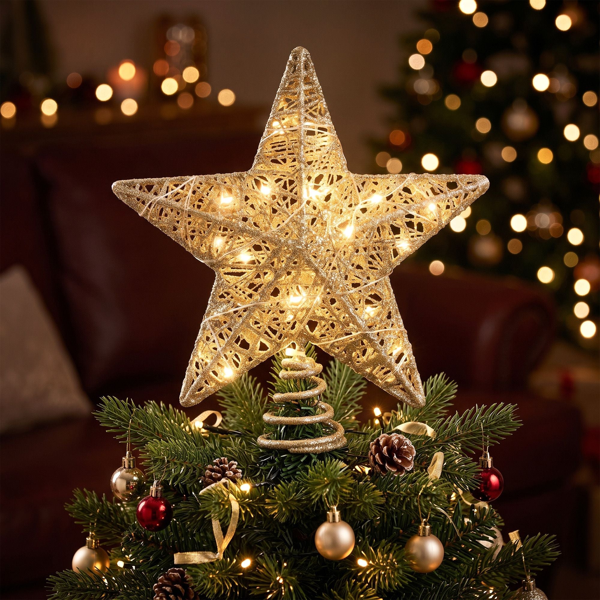 3D Christmas Tree Topper Star – 20 Warm LEDs Gold