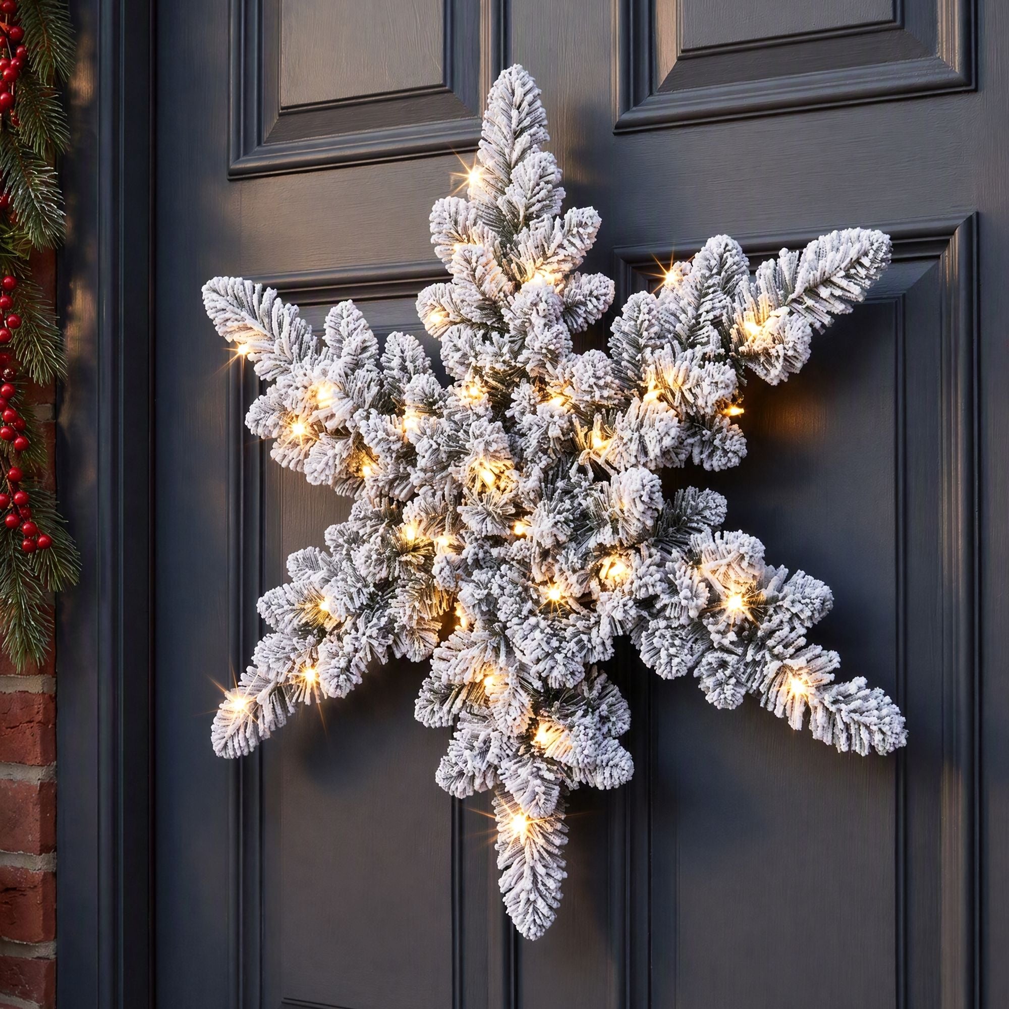 60cm Pre-Lit Flocked Snowflake Christmas Wreath