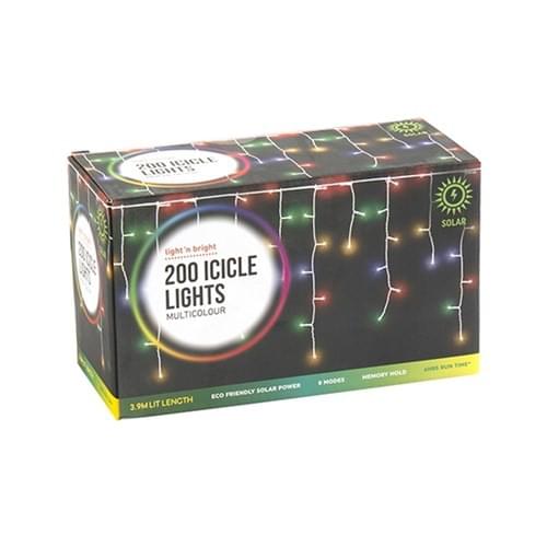 200 Multicolour Solar Icicle Lights – 3.9M Lit Length