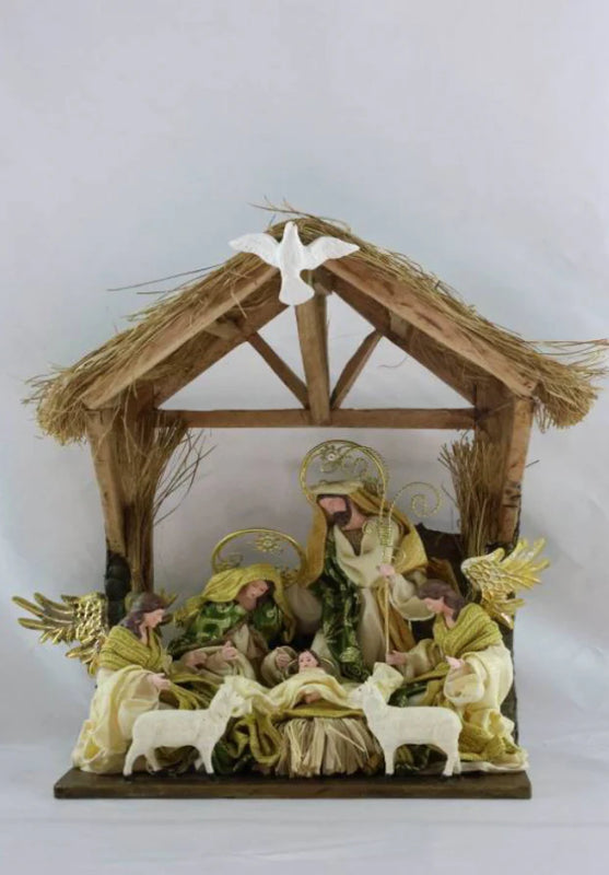 10" (26 cm) Religious Holy Family with Angel on 16.25" (42 cm) Gazebo Stable