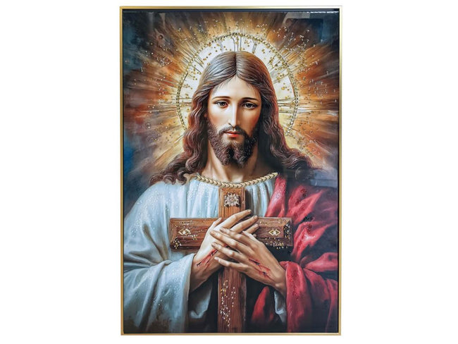 Framed Wall Art 60x90cm – Jesus Holding Cross, Lacquered Frame