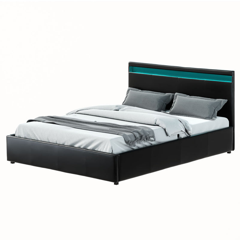 COLE Queen Size LED Gas Lift Bed Frame – Black