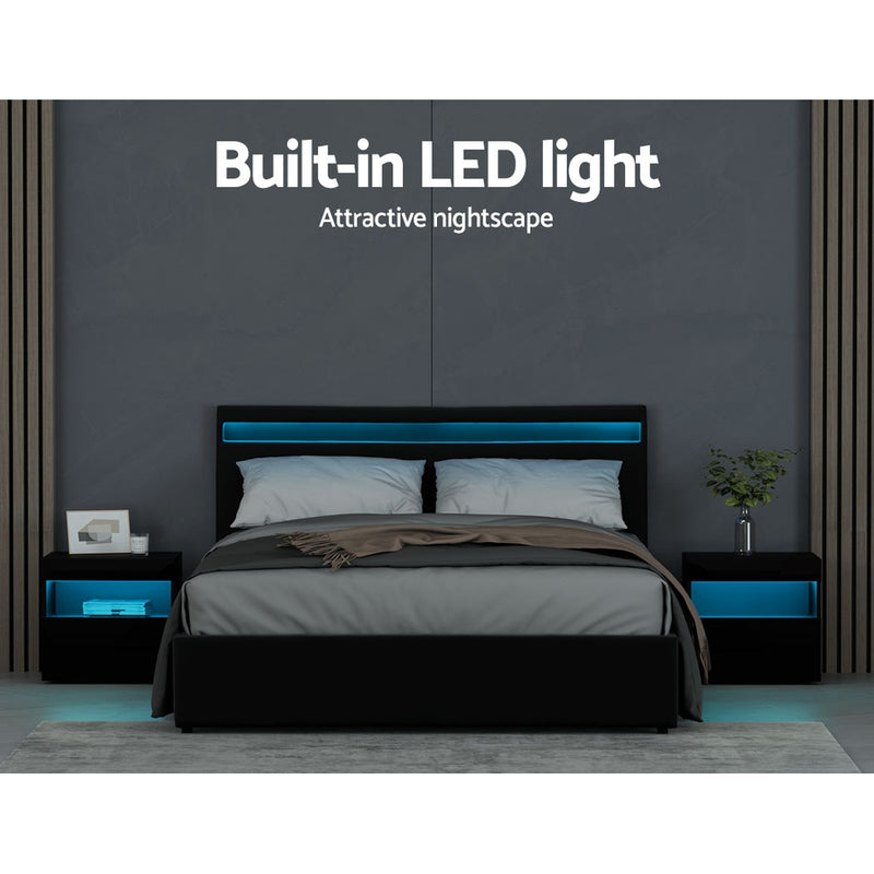 COLE Queen Size LED Gas Lift Bed Frame – Black