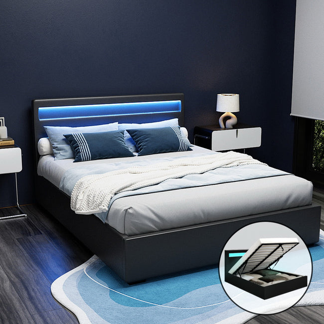 COLE Queen Size LED Gas Lift Bed Frame – Black