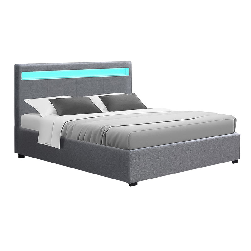 COLE Queen Size LED Gas Lift Bed Frame – Grey